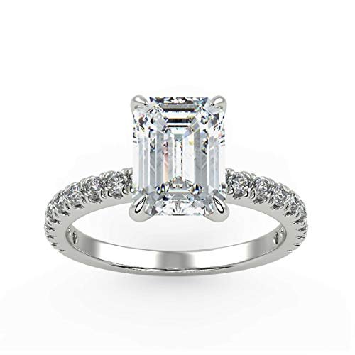 IGI Certified 14K White Gold 2-1/3 Cttw Emerald-Cut Lab Created Diamond Rectangle Solitaire Engagement Ring with Pavé Band (2.0 Carat Center Stone: G-H Color, VS1-VS2 Clarity) - Size 7