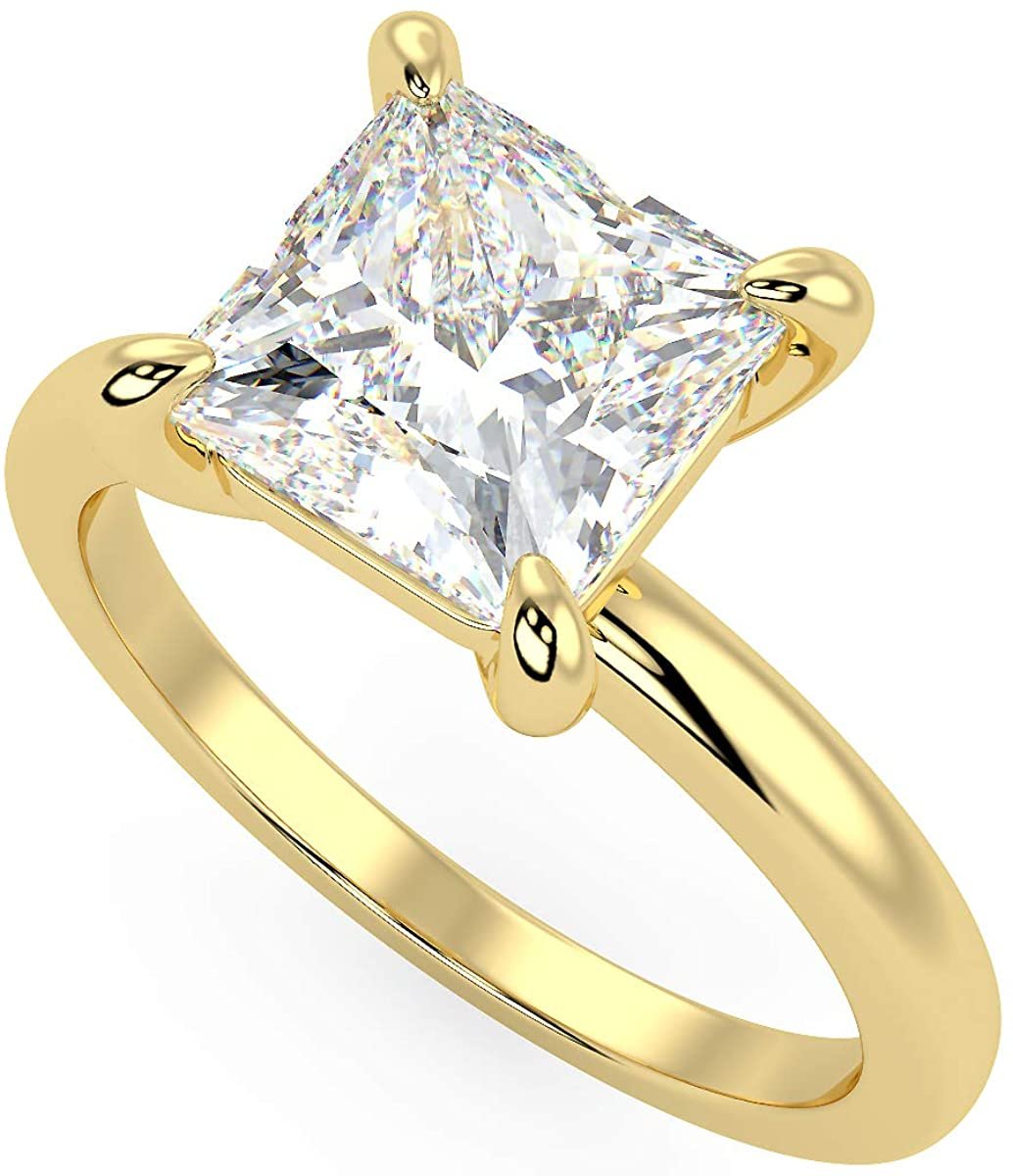 IGI Certified 14K Yellow Gold 2.0 Carat Princess-Cut Lab Created Diamond Classic Square Solitaire Engagement Ring (G-H Color, VS1-VS2 Clarity) - Size 7-1/2