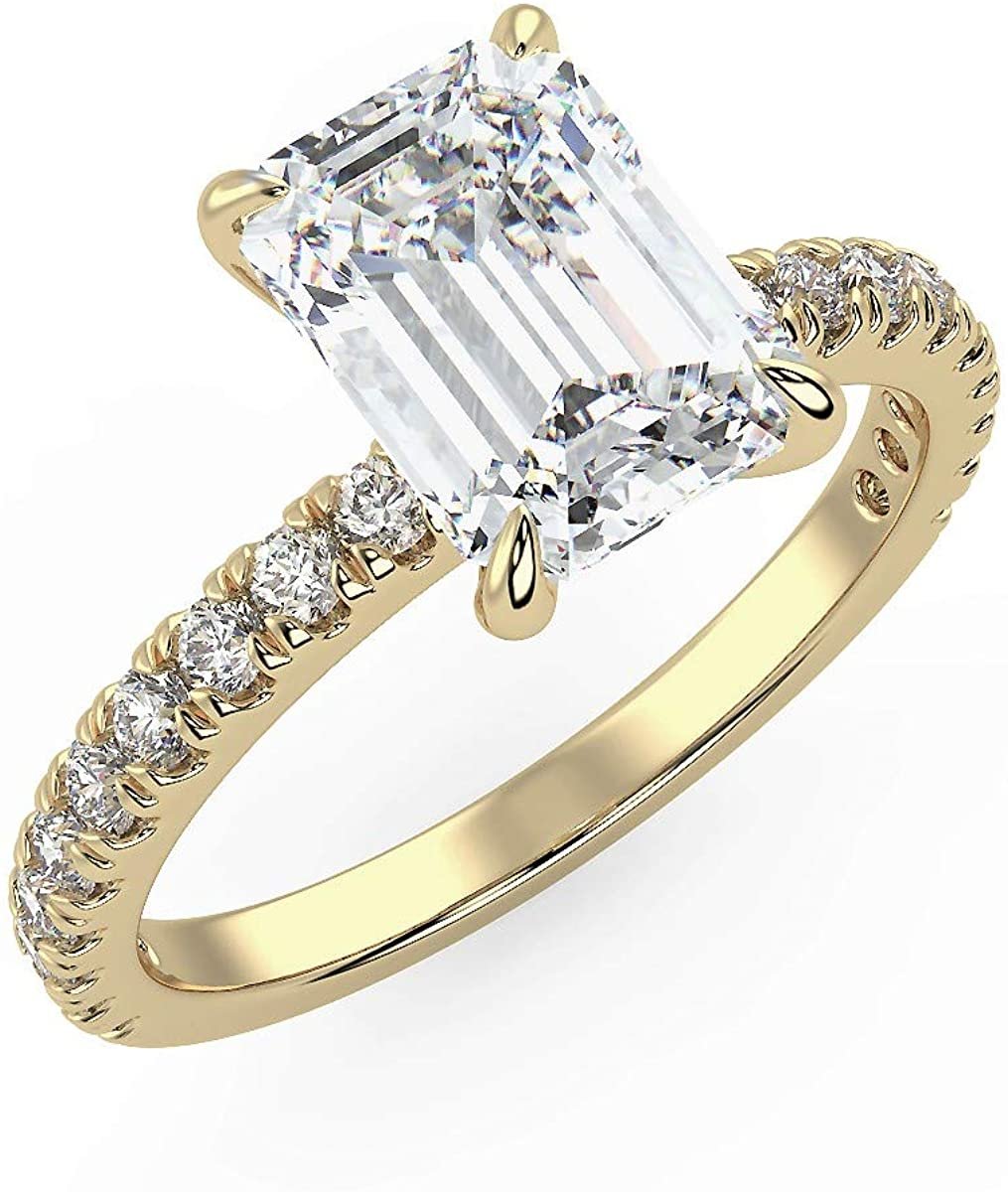 IGI Certified 14K Yellow Gold 1-1/4 Cttw Emerald-Cut Lab Created Diamond Rectangle Solitaire Engagement Ring with Pavé Band (0.90 Carat Center Stone: G-H Color, VS1-VS2 Clarity) - Size 8-1/4