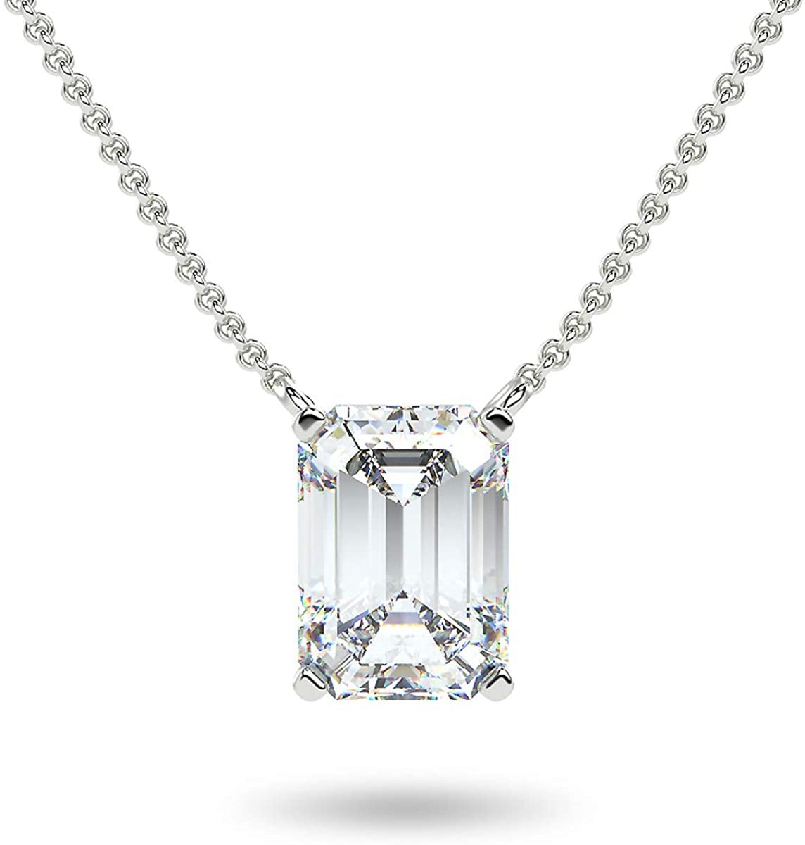IGI Certified 14K Gold 1/3 to 1-1/2 Carat Rectangular Emerald-Cut Lab Grown Diamond Suspended Solitaire Pendant Necklace (G-H Color, VS1-VS2 Clarity), 18" - Choice of Gold Color, Weights