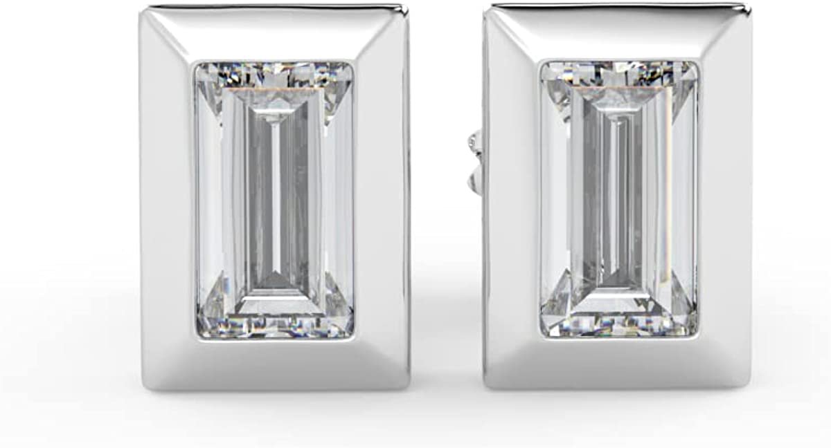 IGI Certified 1/2 Cttw Baguette Emerald Shape Lab Grown Diamond 14K Gold Bezel Set Pushback Stud Earrings (G-H Color, VS1-VS2 Clarity) - Choice of Gold Color