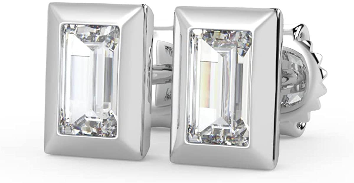 IGI Certified 1/2 Cttw Baguette Emerald Shape Lab Grown Diamond 14K Gold Bezel Set Pushback Stud Earrings (G-H Color, VS1-VS2 Clarity) - Choice of Gold Color