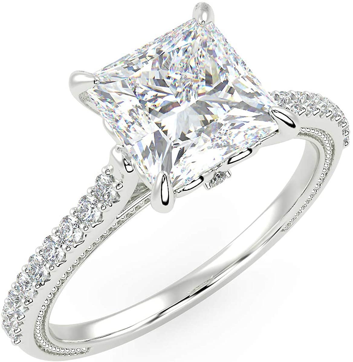 IGI Certified 14K White Gold 2-1/5 Cttw Princess-Cut Lab Created Diamond Square Solitaire Engagement Ring with Pavé Band (2.0 Carat Center Stone: G-H Color, VS1-VS2 Clarity) - Size 7