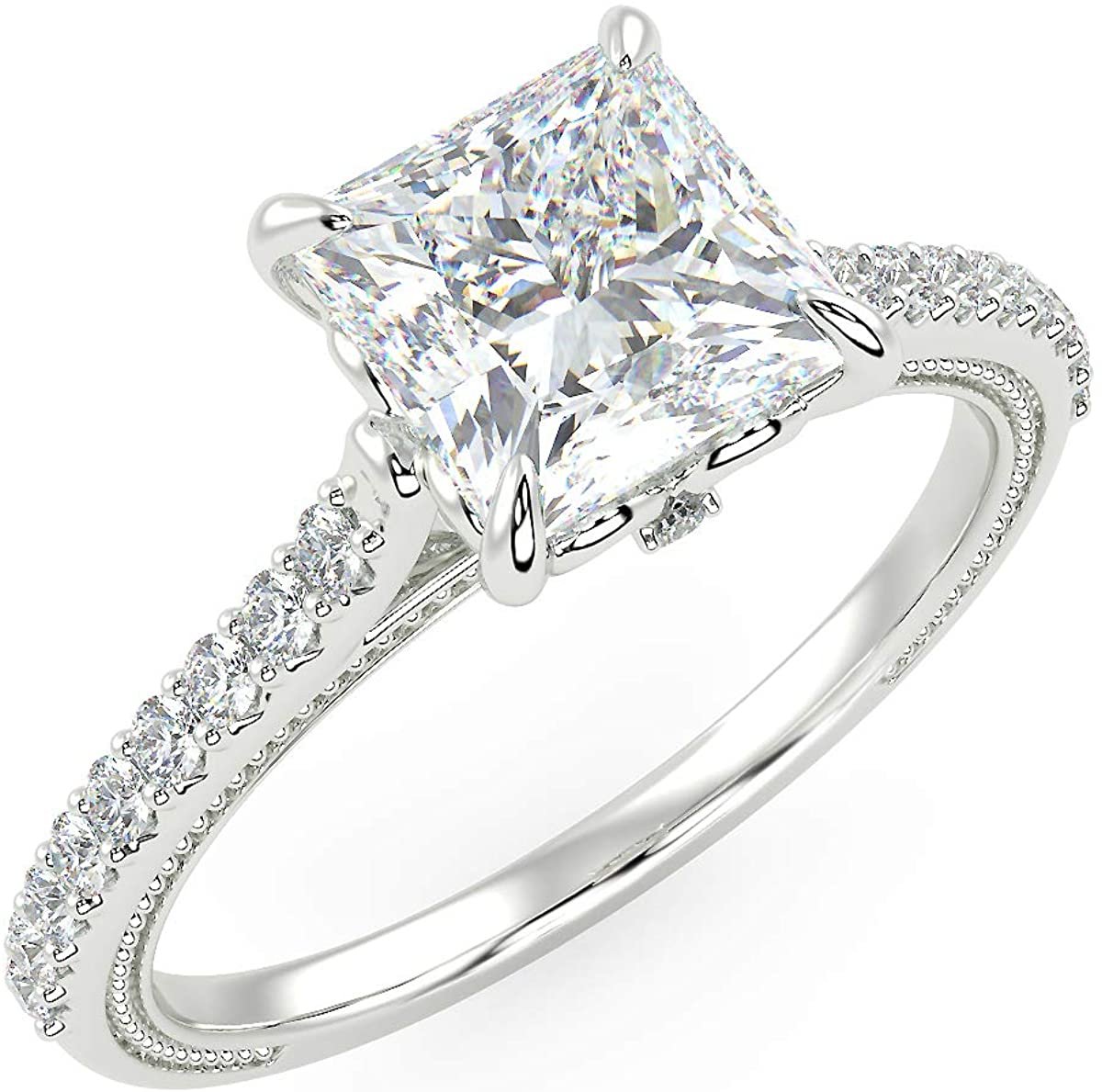 IGI Certified 14K White Gold 2-1/5 Cttw Princess-Cut Lab Created Diamond Square Solitaire Engagement Ring with Pavé Band (2.0 Carat Center Stone: G-H Color, VS1-VS2 Clarity) - Size 7