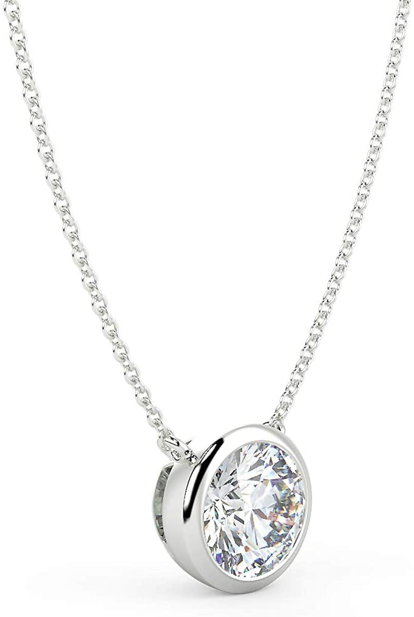 IGI Certified 14K Gold 1/4 to 1/2 Carat Round Brilliant Cut Lab Created Diamond Bezel-Set Solitaire Pendant Necklace (G-H Color, VS1-VS2 Clarity), 18" - Choice of Carat & Gold Color
