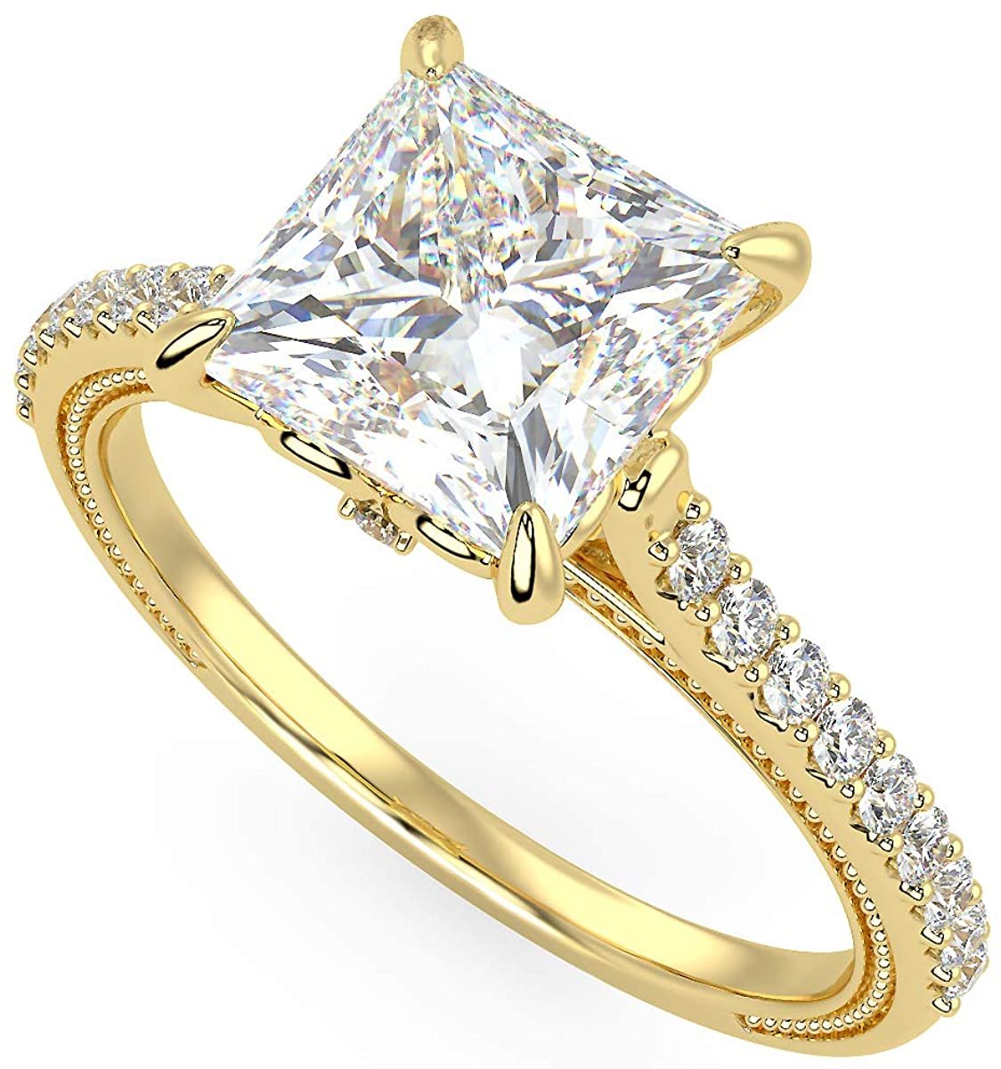 IGI Certified 14K Yellow Gold Princess-Cut Lab Created Diamond Engagement Ring with Pavé Band (1.5 or 2.0 Carat Center Stone: G-H Color, VS1-VS2 Clarity)
