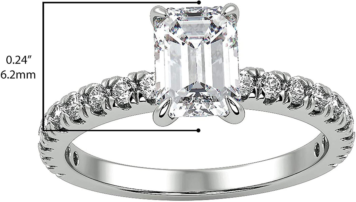IGI Certified 14K White Gold 2-1/3 Cttw Emerald-Cut Lab Created Diamond Rectangle Solitaire Engagement Ring with Pavé Band (2.0 Carat Center Stone: G-H Color, VS1-VS2 Clarity) - Size 7