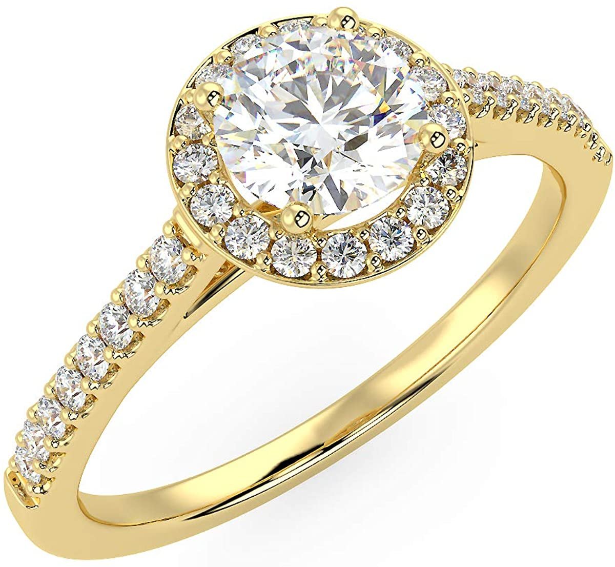 IGI Certified 14K Yellow Gold 3/4 Cttw Round Brilliant-Cut Lab Created Diamond Halo Engagement Ring with Micro Pavé Band (Center Stone: G-H Color, VS1-VS2 Clarity) - Size 5-3/4