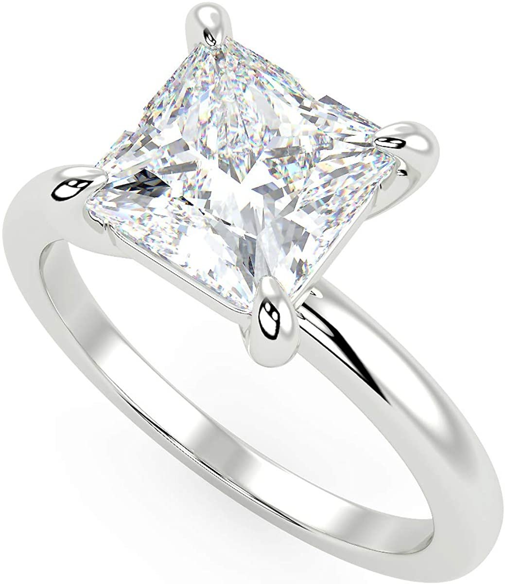 IGI Certified 14K White Gold 2.0 Carat Princess-Cut Lab Created Diamond Classic Square Solitaire Engagement Ring (G-H Color, VS1-VS2 Clarity) - Size 9