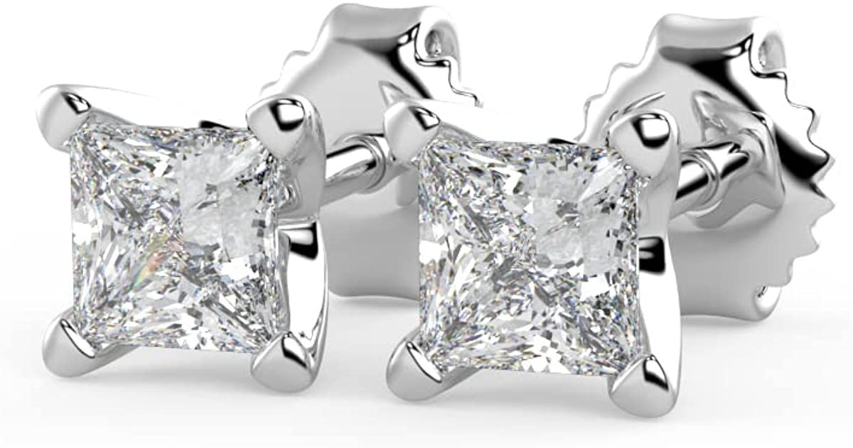 IGI Certified 1/2 Cttw Princess Cut Lab Grown Diamond 14K Gold 4-Prong Pushback Stud Earrings (G-H Color, VS1-VS2 Clarity) - Choice of Gold Color
