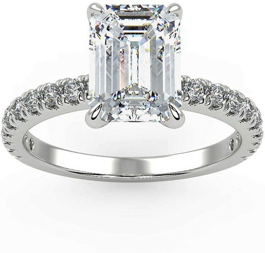 IGI Certified 14K White Gold 2-1/3 Cttw Emerald-Cut Lab Created Diamond Rectangle Solitaire Engagement Ring with Pavé Band (2.0 Carat Center Stone: G-H Color, VS1-VS2 Clarity) - Size 7