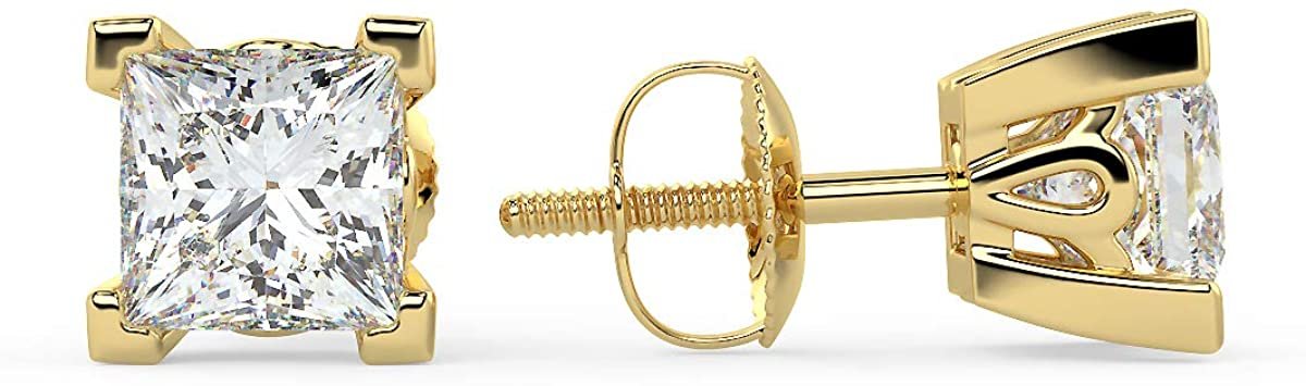 Certified 1.0 Cttw Near Colorless Square Princess Cut Lab Created Diamond Classic Square Four-Prong Stud Earrings (G-H Color, VS1-VS2 Clarity) - 14K Yellow Gold