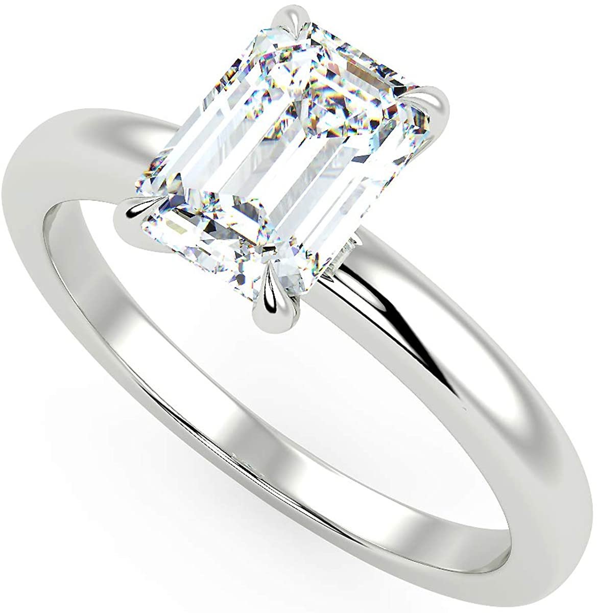 IGI Certified 14K White Gold 9/10 to 2.0 Carat Emerald-Cut Lab Created Diamond Classic Solitaire Engagement Ring (G-H Color, VS1-VS2 Clarity)