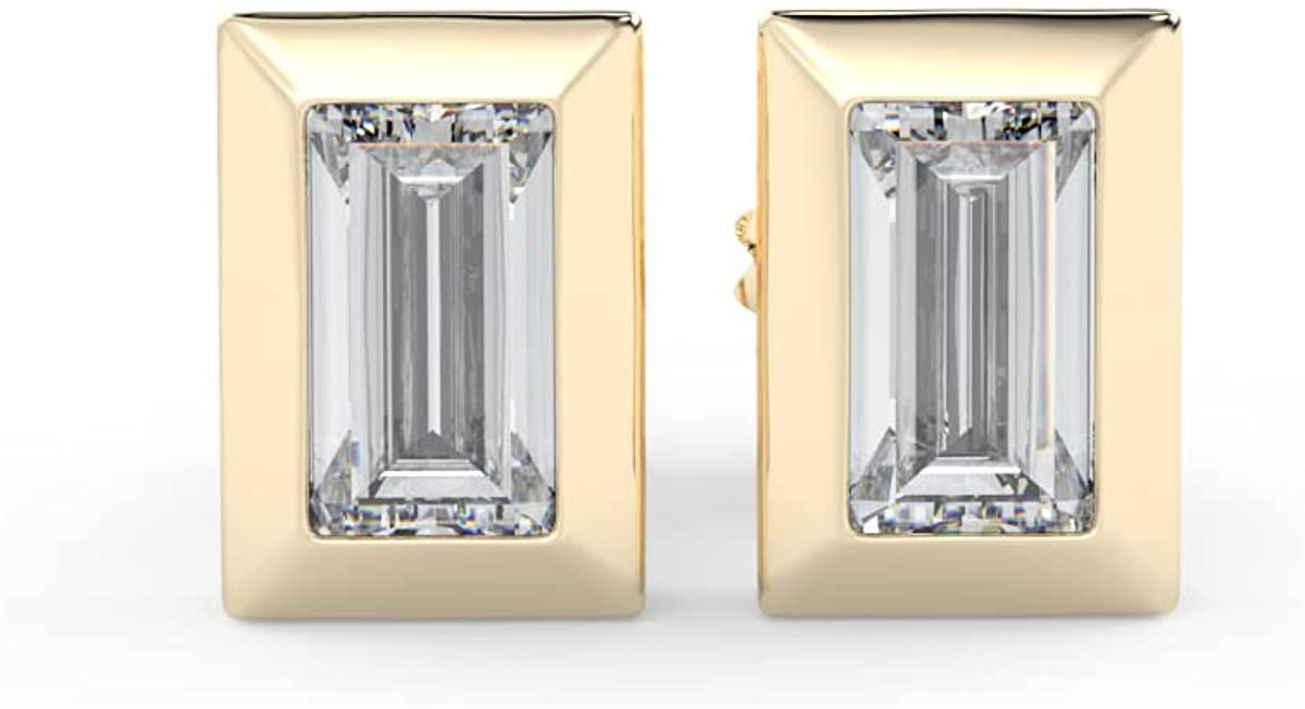 IGI Certified 1/2 Cttw Baguette Emerald Shape Lab Grown Diamond 14K Gold Bezel Set Pushback Stud Earrings (G-H Color, VS1-VS2 Clarity) - Choice of Gold Color
