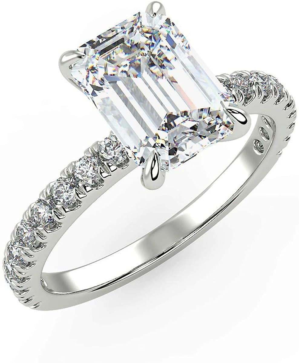 IGI Certified 14K White Gold 2-1/3 Cttw Emerald-Cut Lab Created Diamond Rectangle Solitaire Engagement Ring with Pavé Band (2.0 Carat Center Stone: G-H Color, VS1-VS2 Clarity) - Size 7