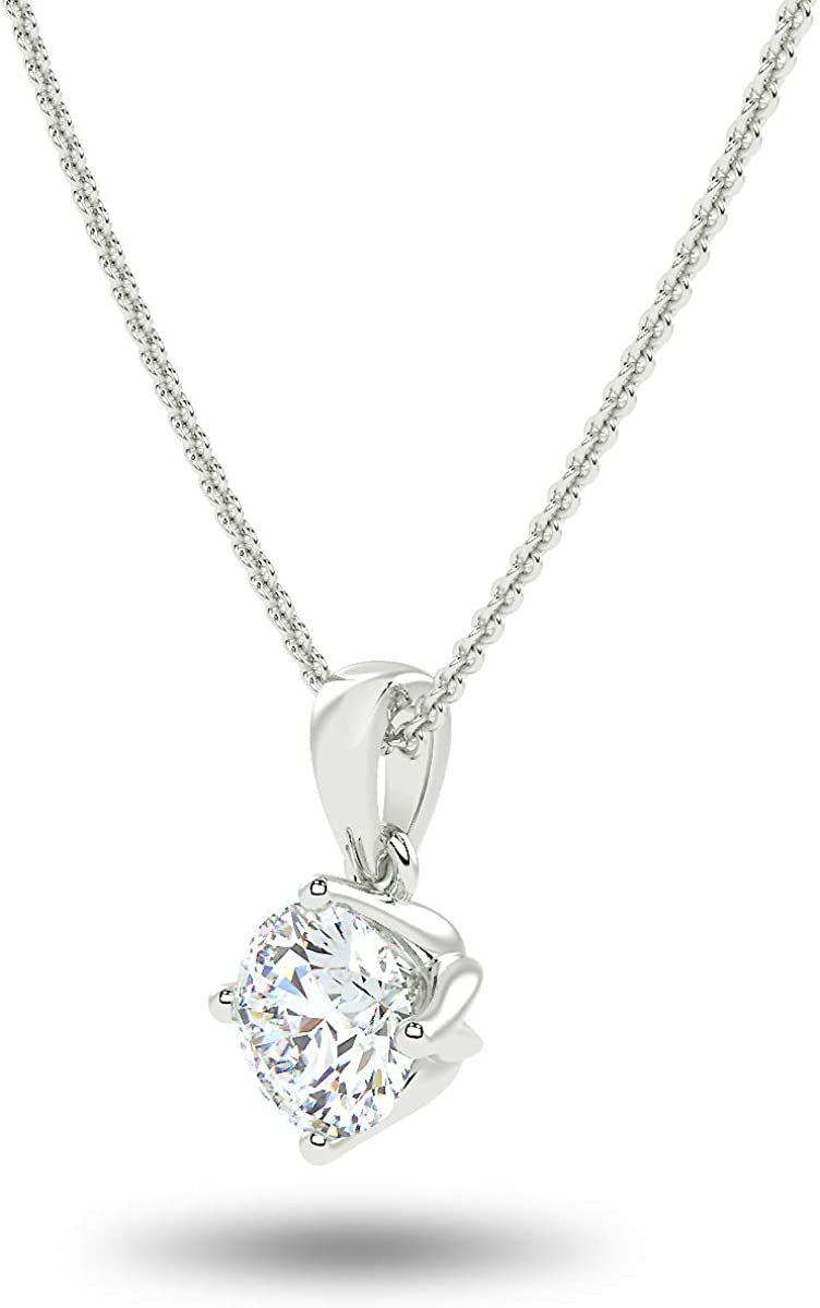 IGI Certified 14K White Gold 1.0 Carat Round Brilliant Lab Grown Diamond Solitaire Pendant Necklace (J-K Color, SI2-I1 Clarity),18"
