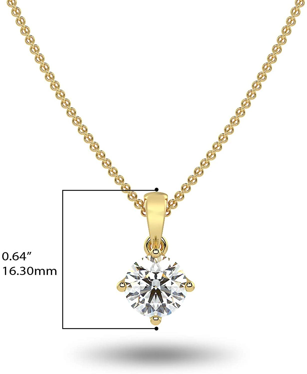 IGI Certified 14K Gold 1/4 to 2.0 Carat Round Brilliant Cut Lab Created Diamond Solitaire Pendant Necklace (G-J Color, VS1-SI2 Clarity), 18" - Choice of Carat & Gold Color