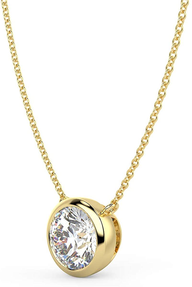 IGI Certified 14K Gold 1.0 or 1-1/2 Carat Round Brilliant-Cut Lab Created Diamond Bezel-Set Solitaire Pendant Necklace (J-K Color, SI2-I1 Clarity), 18" - Choice of Gold Color