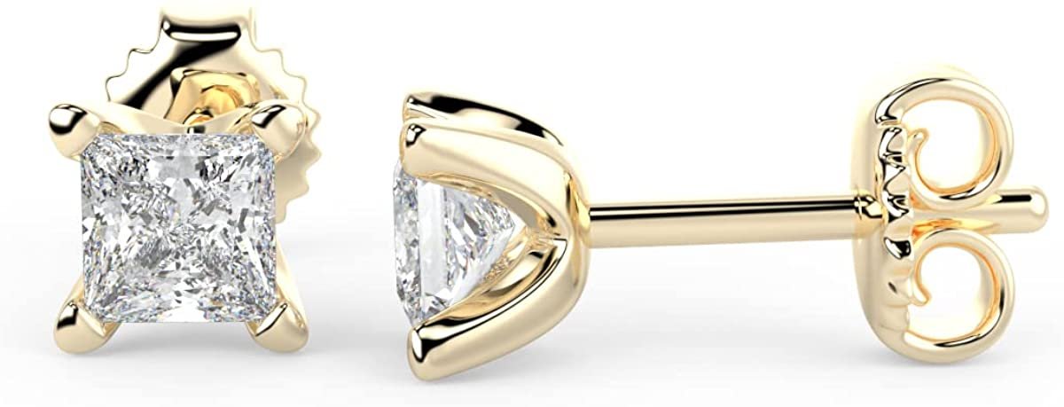 IGI Certified 1/2 Cttw Princess Cut Lab Grown Diamond 14K Gold 4-Prong Pushback Stud Earrings (G-H Color, VS1-VS2 Clarity) - Choice of Gold Color