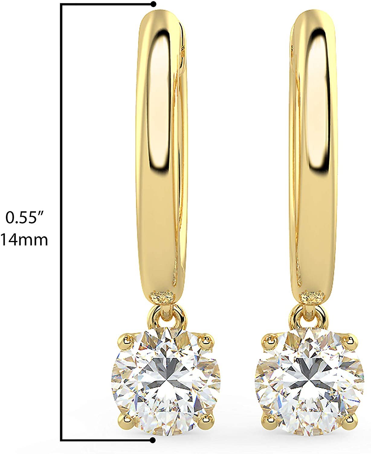 14K Gold Huggie Hoop Earrings with 1/2 to 2/3 Cttw Round Brilliant-Cut Lab Created Diamond Four Prong Set Drops (G-H Color, VS1-VS2 Clarity) - Choice of 14K Gold Color