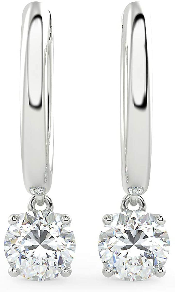 14K Gold Huggie Hoop Earrings with 1/2 to 2/3 Cttw Round Brilliant-Cut Lab Created Diamond Four Prong Set Drops (G-H Color, VS1-VS2 Clarity) - Choice of 14K Gold Color