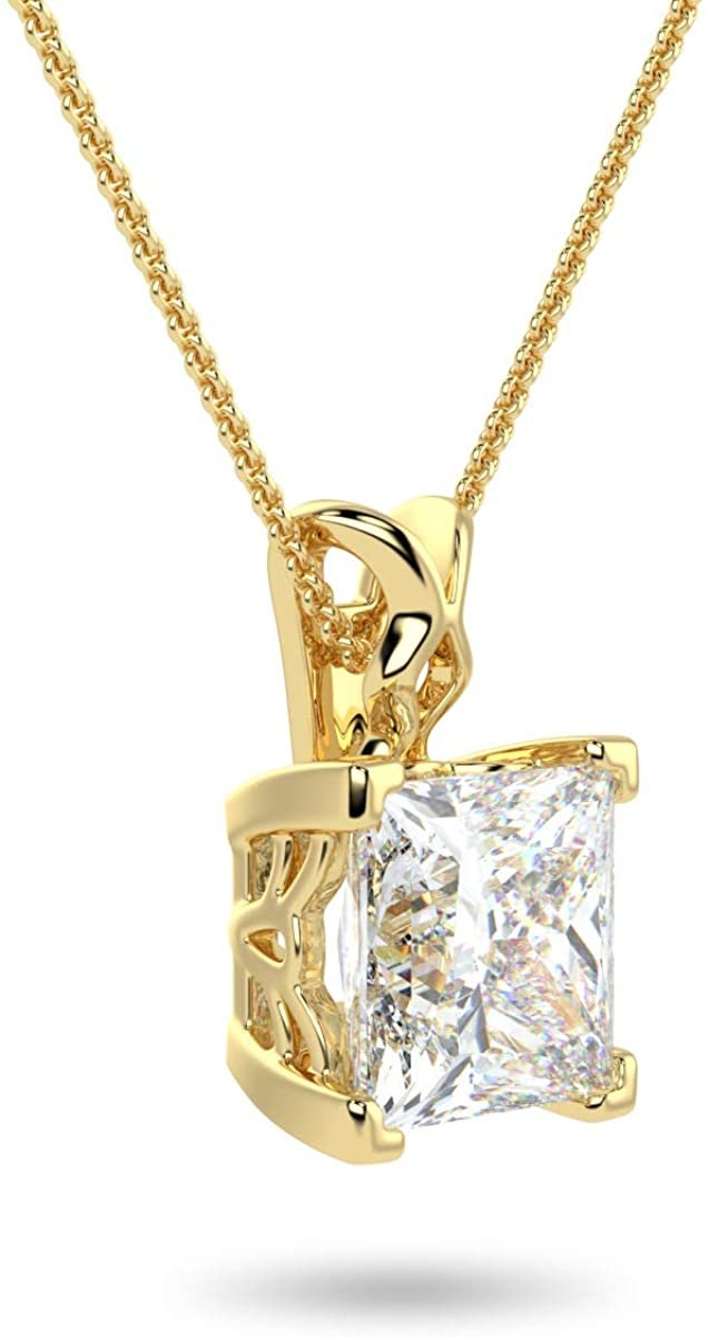 IGI Certified 14K Gold 1/2 or 1.0 Carat Square Princess-Cut Lab Created Diamond X-Bail Solitaire Pendant Necklace (G-H Color, VS1-VS2 Clarity), 18" - Choice of Gold Color