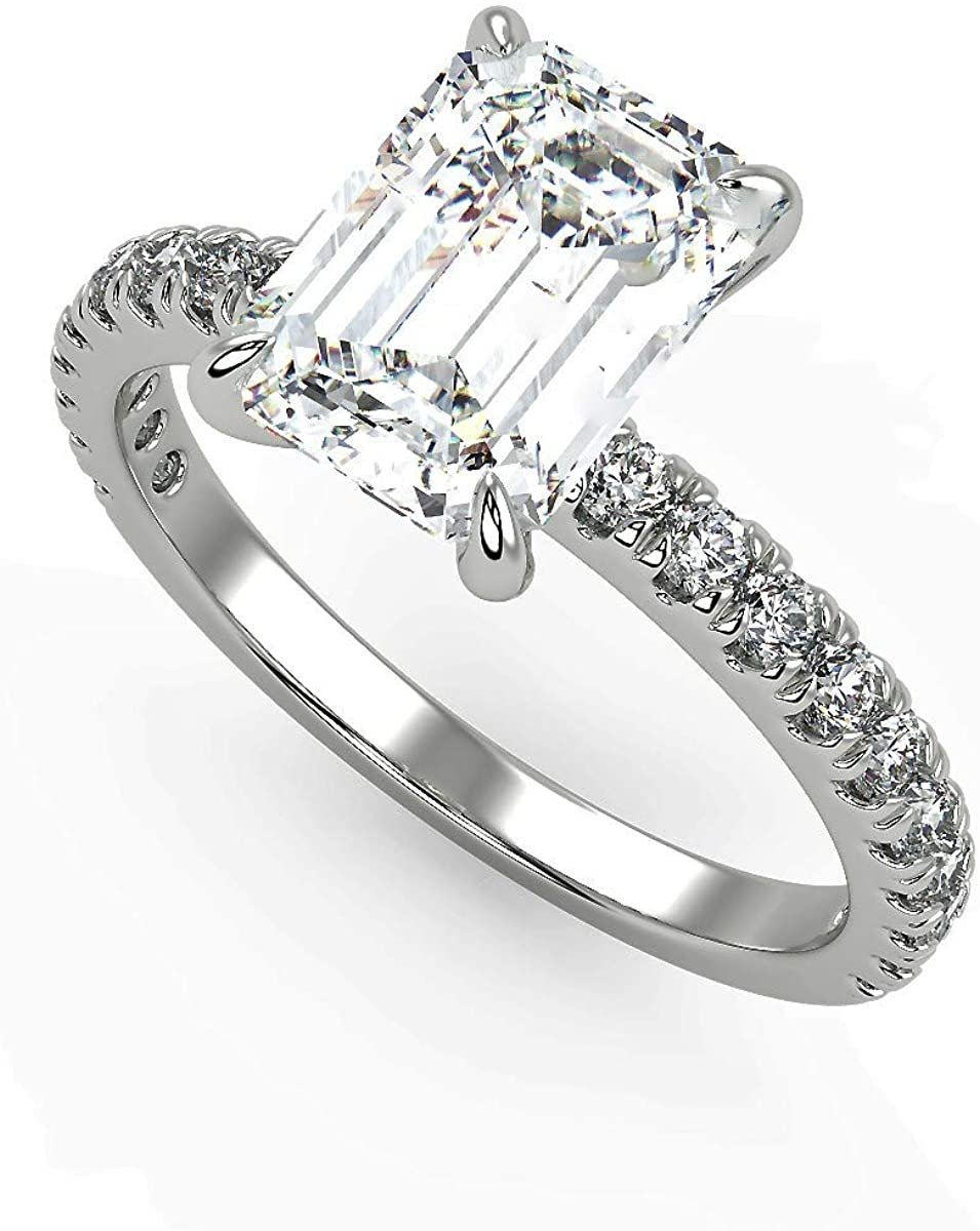 IGI Certified 14K White Gold 2-1/3 Cttw Emerald-Cut Lab Created Diamond Rectangle Solitaire Engagement Ring with Pavé Band (2.0 Carat Center Stone: G-H Color, VS1-VS2 Clarity) - Size 7