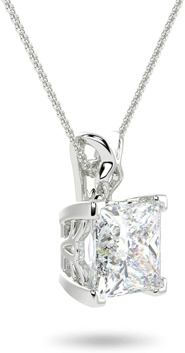 IGI Certified 14K Gold 1/2 or 1.0 Carat Square Princess-Cut Lab Created Diamond X-Bail Solitaire Pendant Necklace (G-H Color, VS1-VS2 Clarity), 18" - Choice of Gold Color