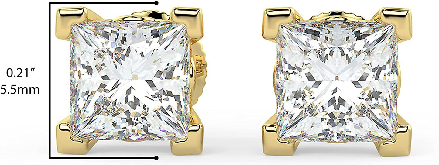 14K Gold 2/3 Cttw Princess Cut Lab Grown Diamond Classic Square Four-Prong Solitaire Stud Earrings (G-H Color, VS1-VS2 Clarity) - Choice of Gold Colors