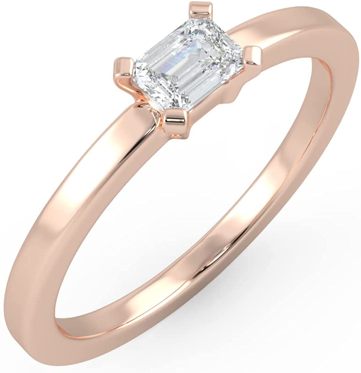 IGI Certified 1/4 Ct Emerald Cut Lab Grown Diamond 14K Gold Horizontal Solitaire Engagement Ring (G-H Color, VS1-VS2 Clarity) - Choice of Gold Color