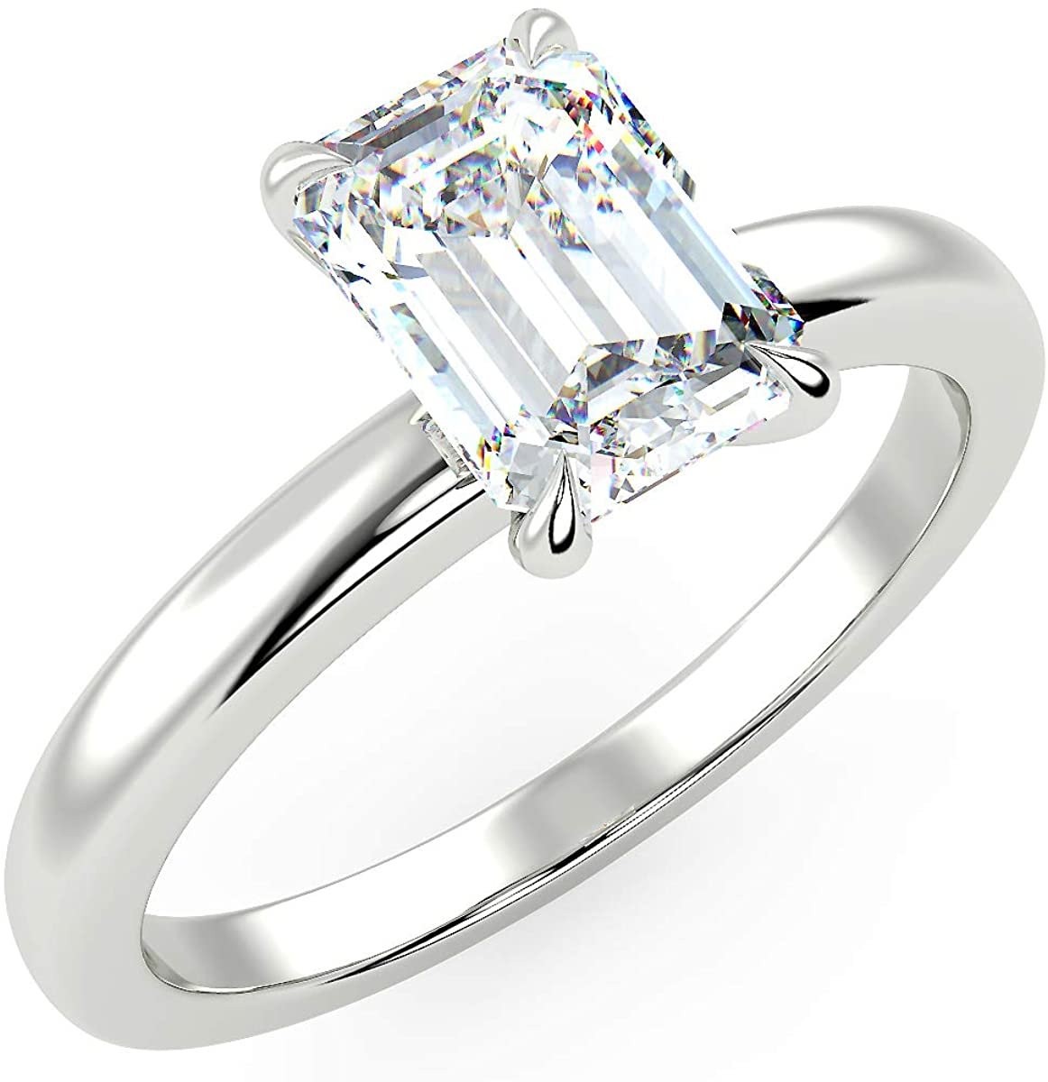 IGI Certified 14K White Gold 9/10 to 2.0 Carat Emerald-Cut Lab Created Diamond Classic Solitaire Engagement Ring (G-H Color, VS1-VS2 Clarity)