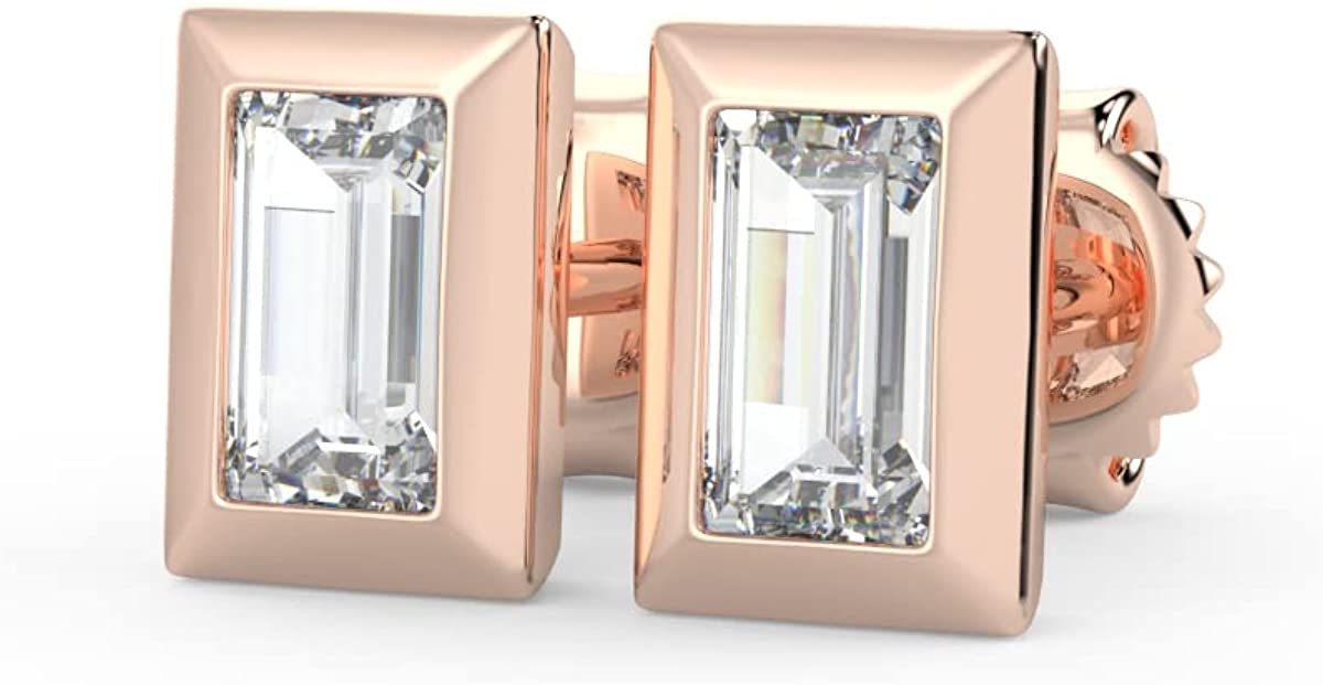 IGI Certified 1/2 Cttw Baguette Emerald Shape Lab Grown Diamond 14K Gold Bezel Set Pushback Stud Earrings (G-H Color, VS1-VS2 Clarity) - Choice of Gold Color