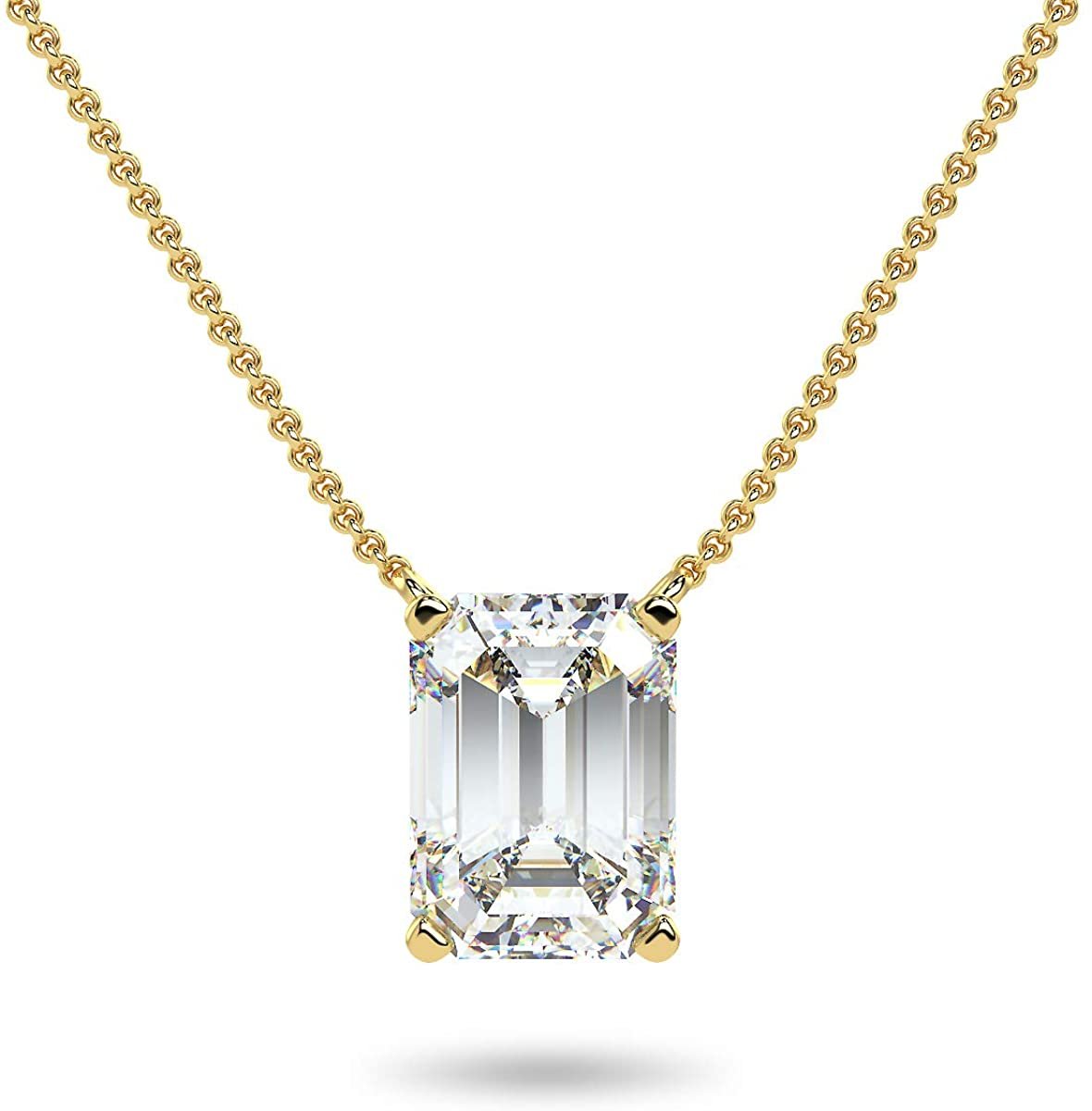 IGI Certified 14K Gold 1/3 to 1-1/2 Carat Rectangular Emerald-Cut Lab Grown Diamond Suspended Solitaire Pendant Necklace (G-H Color, VS1-VS2 Clarity), 18" - Choice of Gold Color, Weights