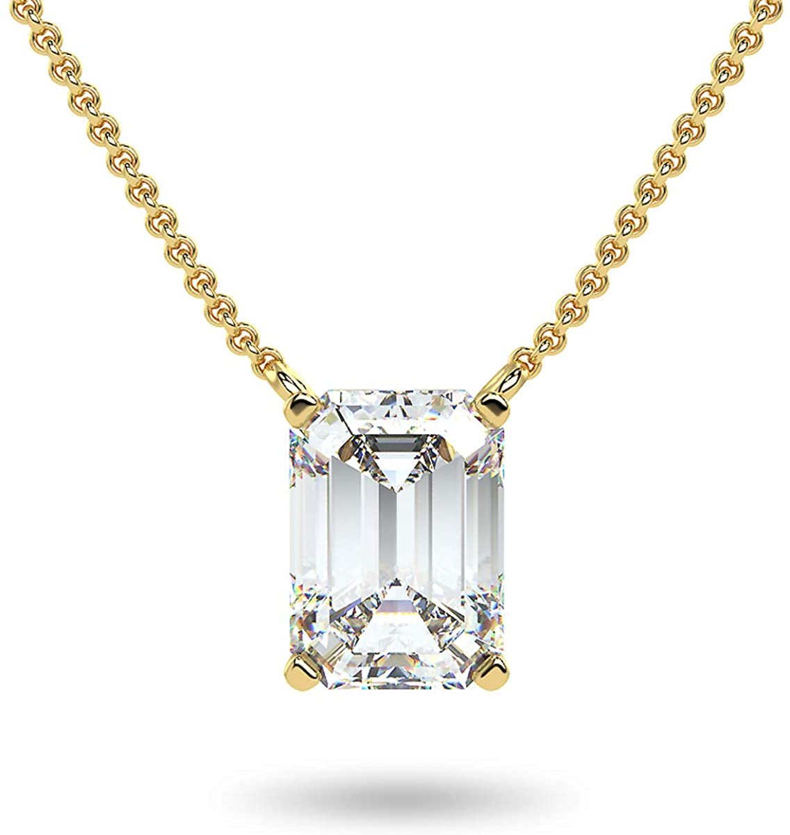 IGI Certified 14K Gold 1/3 to 1-1/2 Carat Rectangular Emerald-Cut Lab Grown Diamond Suspended Solitaire Pendant Necklace (G-H Color, VS1-VS2 Clarity), 18" - Choice of Gold Color, Weights