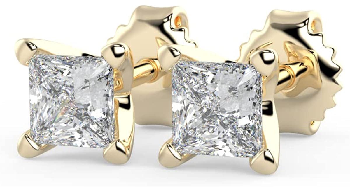 IGI Certified 1/2 Cttw Princess Cut Lab Grown Diamond 14K Gold 4-Prong Pushback Stud Earrings (G-H Color, VS1-VS2 Clarity) - Choice of Gold Color