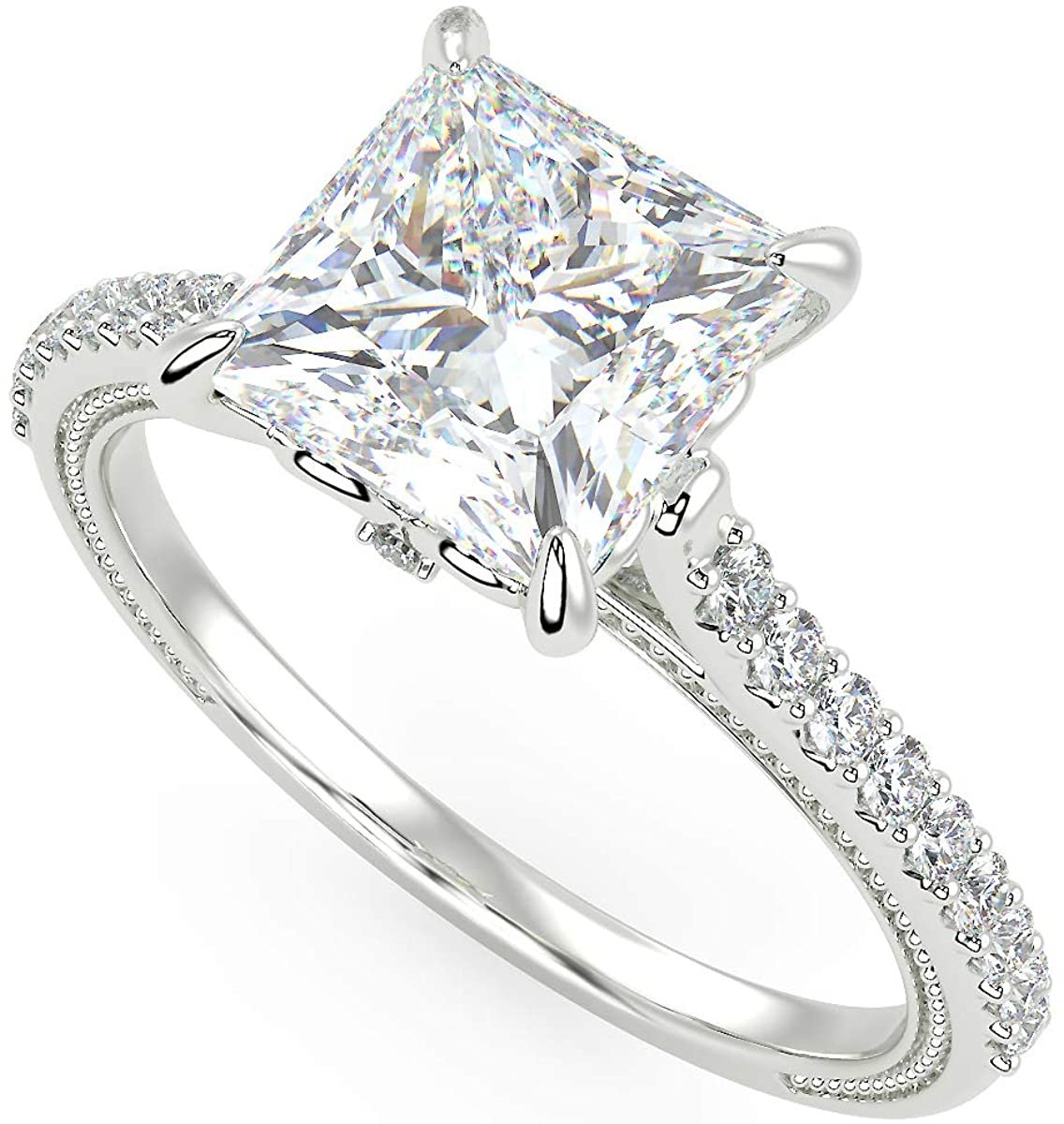 IGI Certified 14K White Gold 2-1/5 Cttw Princess-Cut Lab Created Diamond Square Solitaire Engagement Ring with Pavé Band (2.0 Carat Center Stone: G-H Color, VS1-VS2 Clarity) - Size 7