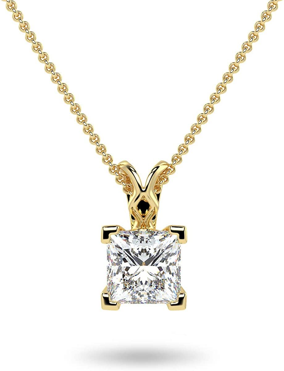 IGI Certified 14K Gold 1/2 or 1.0 Carat Square Princess-Cut Lab Created Diamond X-Bail Solitaire Pendant Necklace (G-H Color, VS1-VS2 Clarity), 18" - Choice of Gold Color