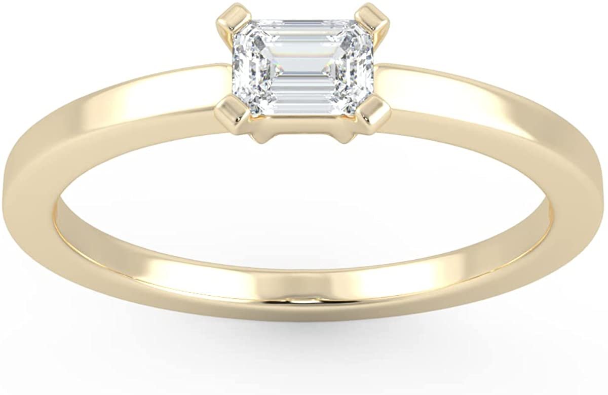 IGI Certified 1/4 Ct Emerald Cut Lab Grown Diamond 14K Gold Horizontal Solitaire Engagement Ring (G-H Color, VS1-VS2 Clarity) - Choice of Gold Color
