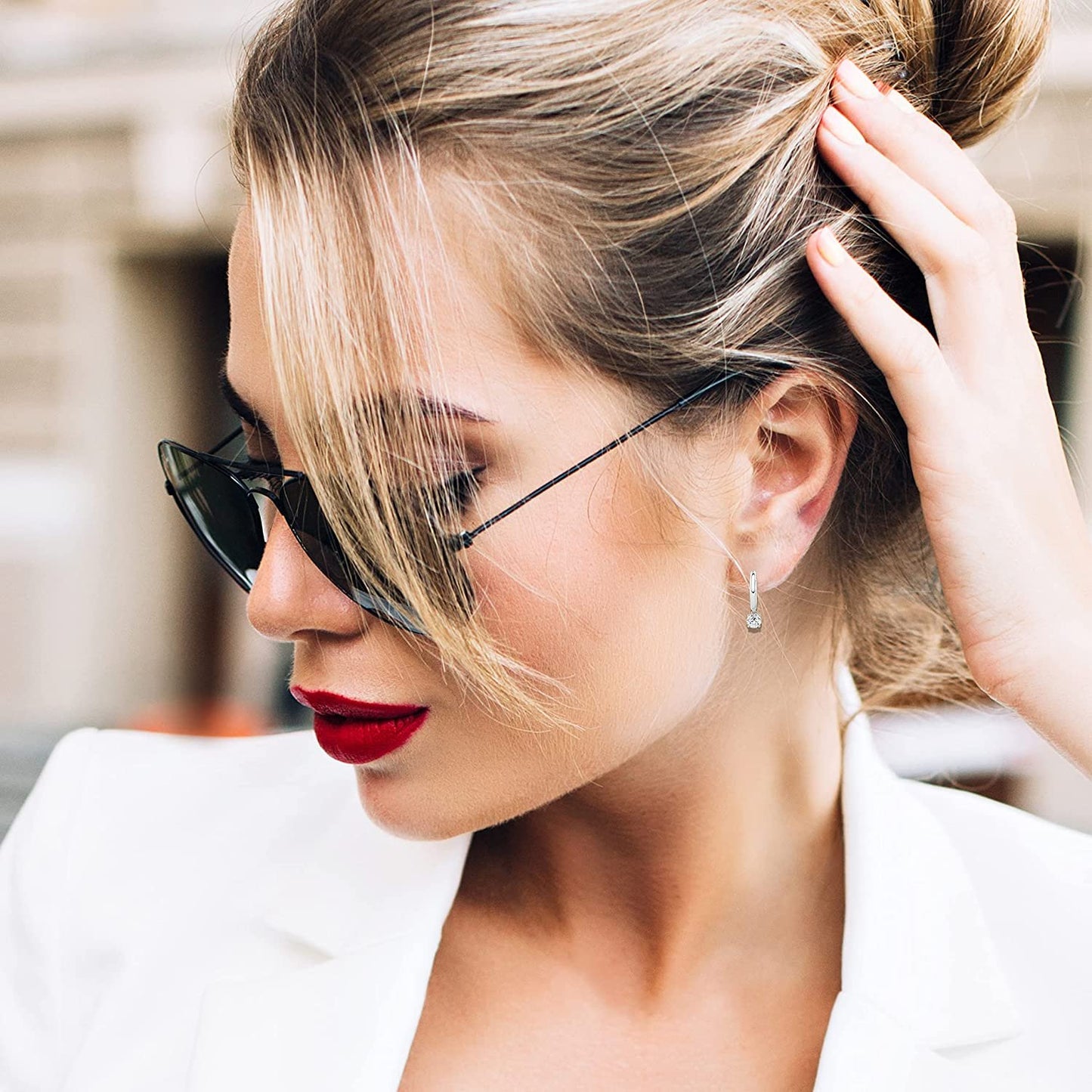 14K Gold Huggie Hoop Earrings with 1/2 to 2/3 Cttw Round Brilliant-Cut Lab Created Diamond Four Prong Set Drops (G-H Color, VS1-VS2 Clarity) - Choice of 14K Gold Color