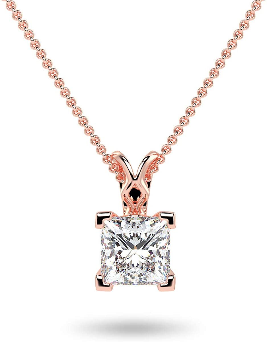 IGI Certified 14K Gold 1/2 or 1.0 Carat Square Princess-Cut Lab Created Diamond X-Bail Solitaire Pendant Necklace (G-H Color, VS1-VS2 Clarity), 18" - Choice of Gold Color