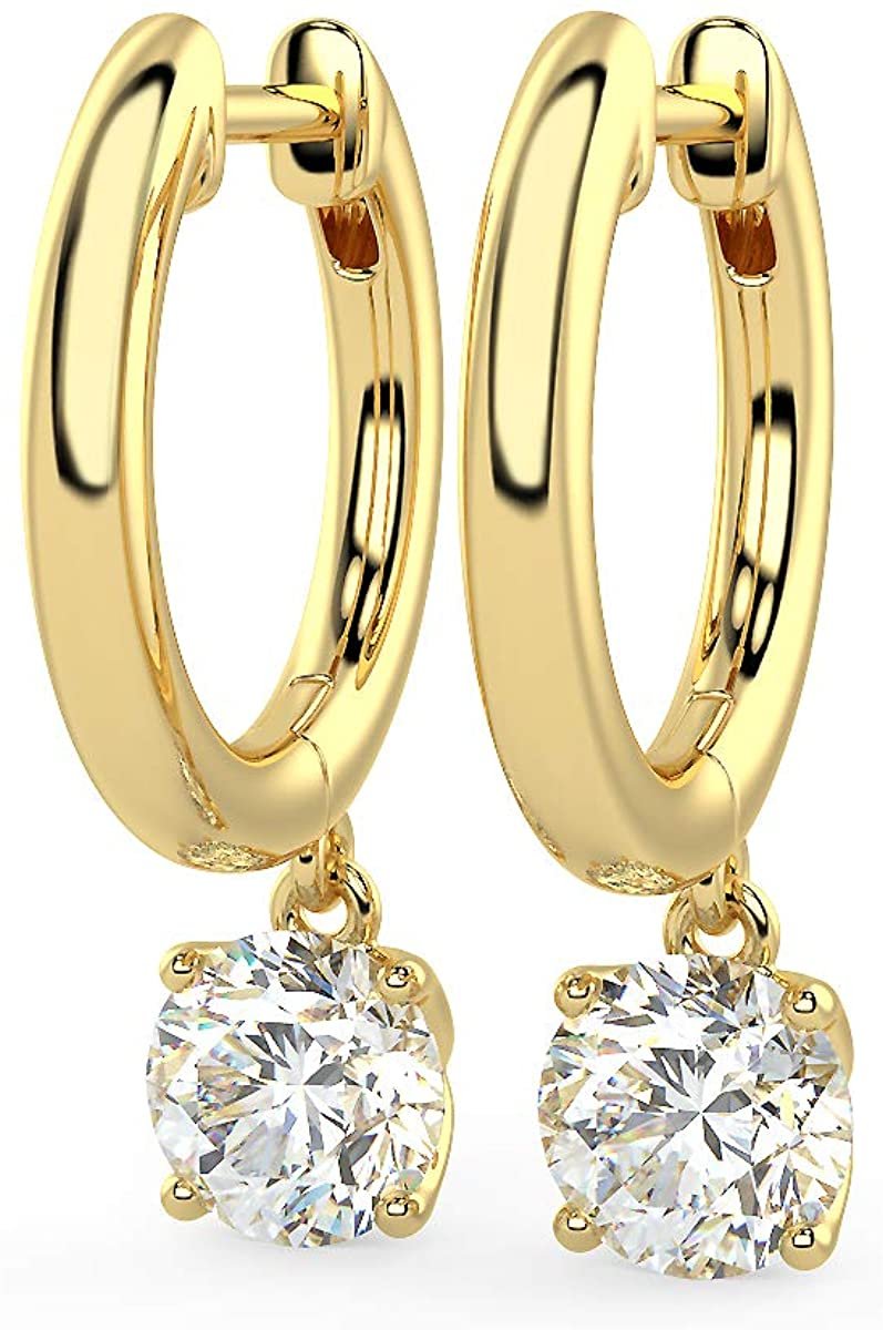 14K Gold Huggie Hoop Earrings with 1/2 to 2/3 Cttw Round Brilliant-Cut Lab Created Diamond Four Prong Set Drops (G-H Color, VS1-VS2 Clarity) - Choice of 14K Gold Color