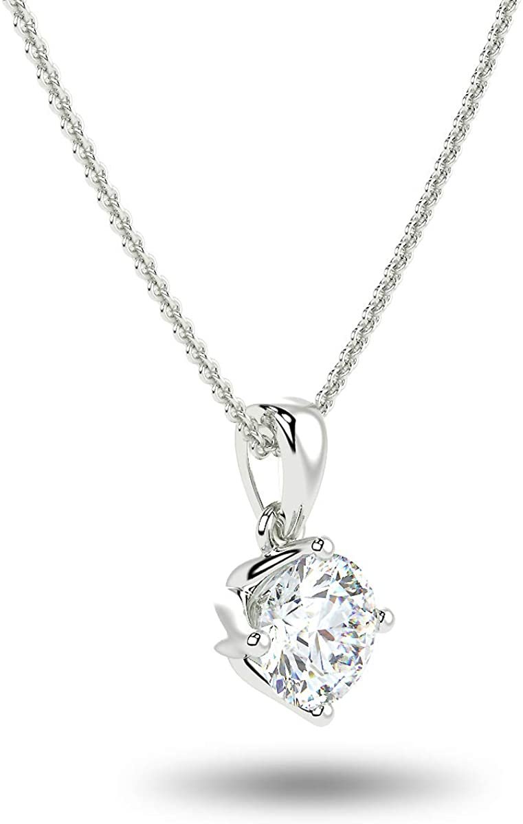IGI Certified 14K White Gold 1.0 Carat Round Brilliant Lab Grown Diamond Solitaire Pendant Necklace (J-K Color, SI2-I1 Clarity),18"