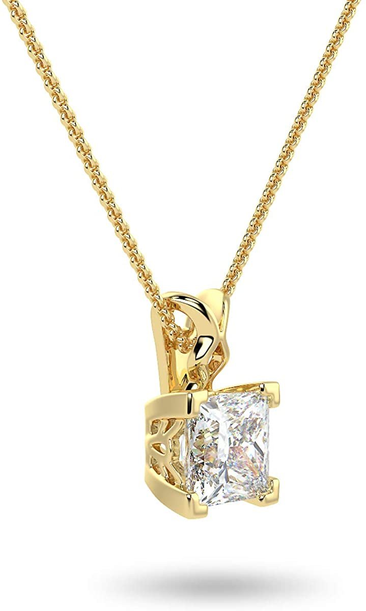 IGI Certified 14K Gold 1/2 or 1.0 Carat Square Princess-Cut Lab Created Diamond X-Bail Solitaire Pendant Necklace (G-H Color, VS1-VS2 Clarity), 18" - Choice of Gold Color