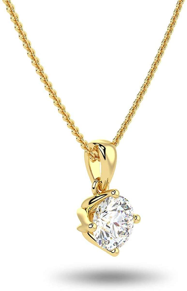 IGI Certified 14K Gold 1/4 to 2.0 Carat Round Brilliant Cut Lab Created Diamond Solitaire Pendant Necklace (G-J Color, VS1-SI2 Clarity), 18" - Choice of Carat & Gold Color