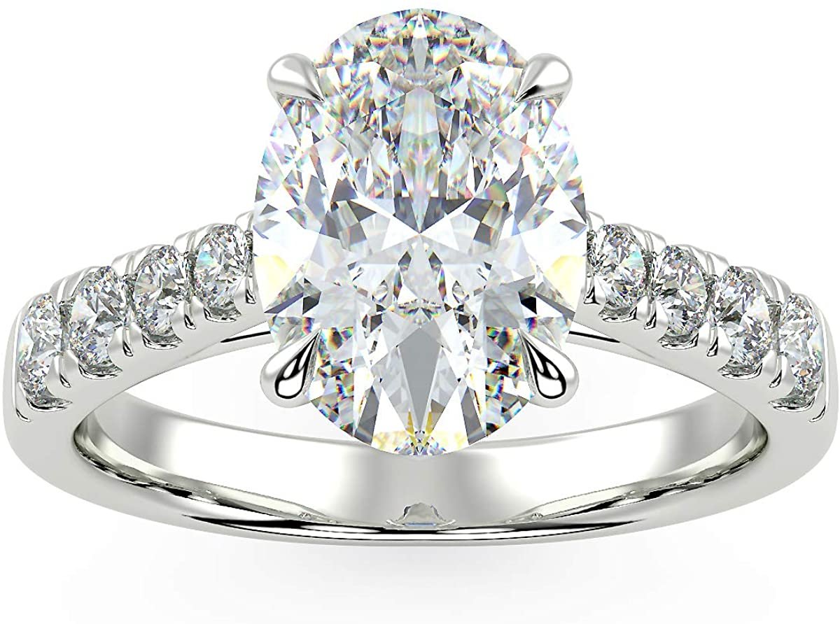 IGI Certified 14K Gold Oval-Shape Lab Created Diamond Engagement Ring with Pavé Set Band (1-1/2 Carat Center Stone: G-H Color, VS1-VS2 Clarity) - Choice of Gold Color