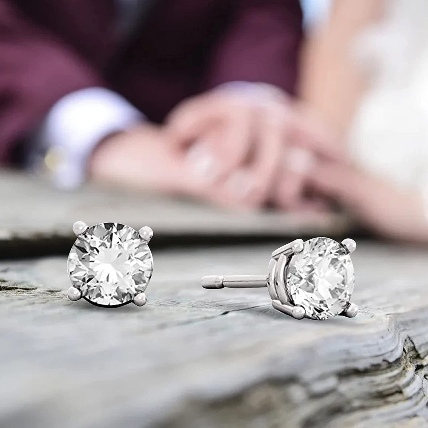 14K White Gold 2/3 Cttw Near Colorless Round Brilliant-Cut Lab Created Diamond Classic Four-Prong Stud Earrings (G-H Color, VS1-VS2 Clarity)