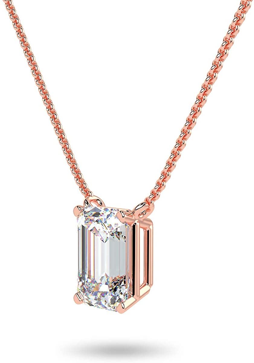 IGI Certified 14K Gold 1/3 to 1-1/2 Carat Rectangular Emerald-Cut Lab Grown Diamond Suspended Solitaire Pendant Necklace (G-H Color, VS1-VS2 Clarity), 18" - Choice of Gold Color, Weights