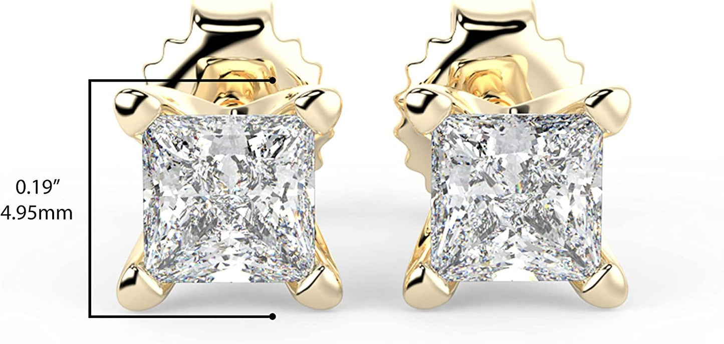 IGI Certified 1/2 Cttw Princess Cut Lab Grown Diamond 14K Gold 4-Prong Pushback Stud Earrings (G-H Color, VS1-VS2 Clarity) - Choice of Gold Color