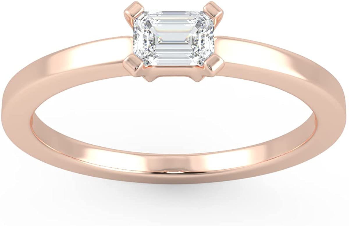IGI Certified 1/4 Ct Emerald Cut Lab Grown Diamond 14K Gold Horizontal Solitaire Engagement Ring (G-H Color, VS1-VS2 Clarity) - Choice of Gold Color