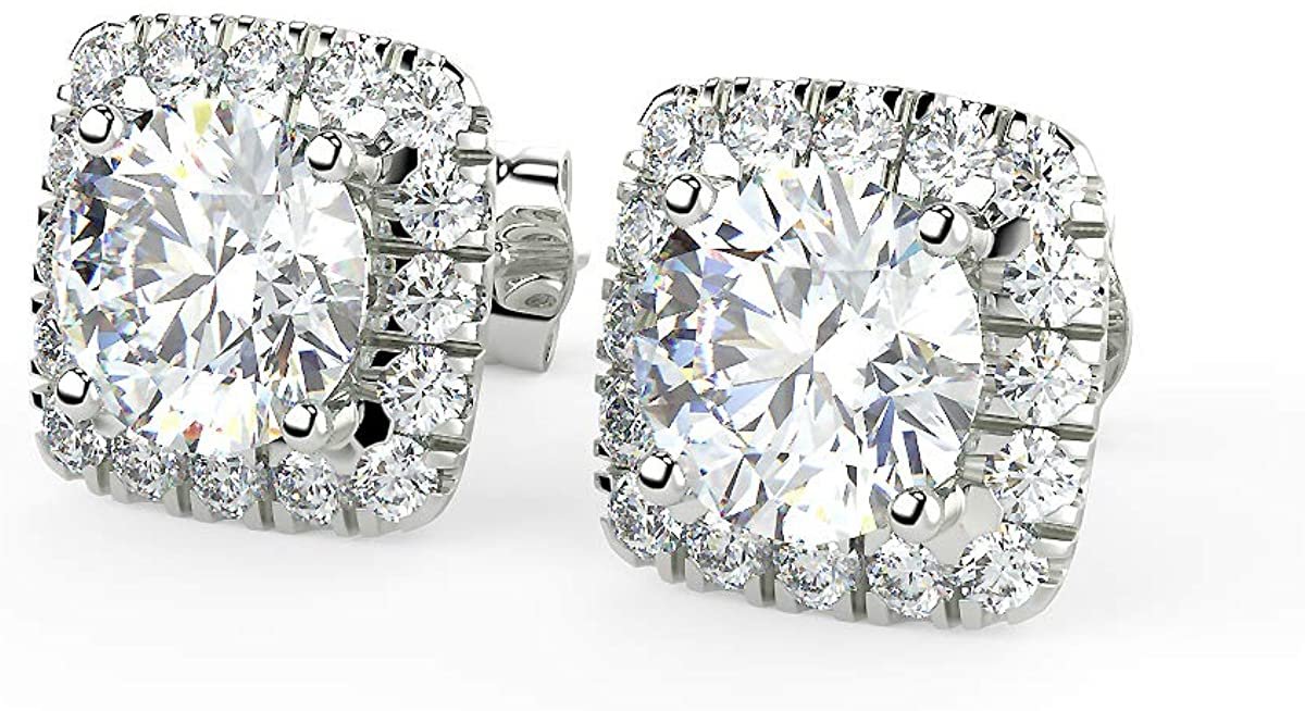 IGI Certified 14K White Gold 1-1/2 Cttw Near Colorless Brilliant Cut Lab Created Diamond Cushion Shape Pave Set Halo Stud Earrings (Center Stones G-H Color, VS1-VS2 Clarity)